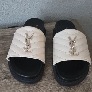 Beigh Quilted Logo Slide Sandals with Black Footbed